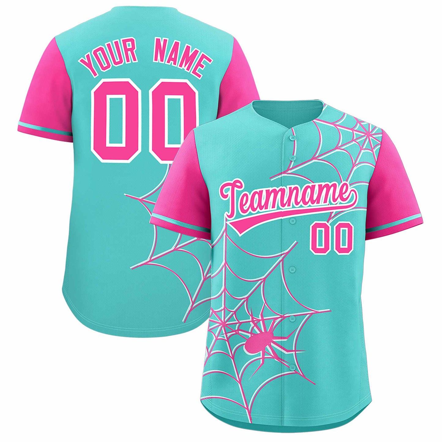 Custom Bright Green Pink Spider Web Pattern Raglan Sleeves Authentic Baseball Jersey