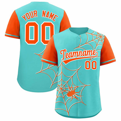 Custom Bright Green Orange Spider Web Pattern Raglan Sleeves Authentic Baseball Jersey