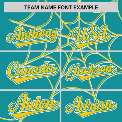 Custom Aqua Gold Spider Web Pattern Raglan Sleeves Authentic Baseball Jersey