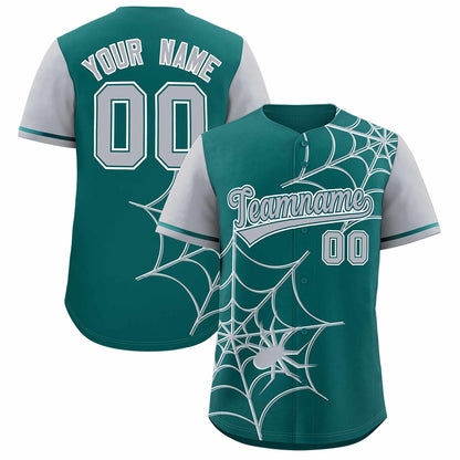 Custom Aqua Gray Spider Web Pattern Raglan Sleeves Authentic Baseball Jersey