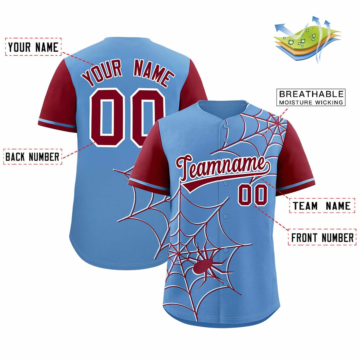 Custom Light Blue Crimson Spider Web Pattern Raglan Sleeves Authentic Baseball Jersey