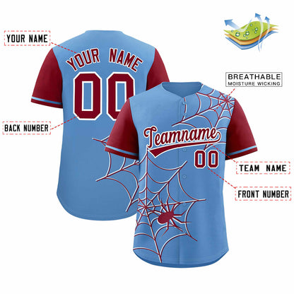 Custom Light Blue Crimson Spider Web Pattern Raglan Sleeves Authentic Baseball Jersey