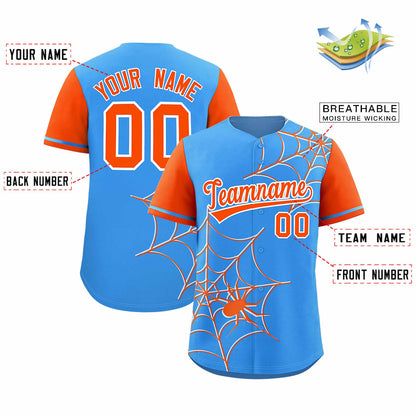 Custom Powder Blue Orange Spider Web Pattern Raglan Sleeves Authentic Baseball Jersey