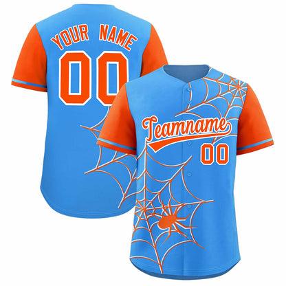 Custom Powder Blue Orange Spider Web Pattern Raglan Sleeves Authentic Baseball Jersey