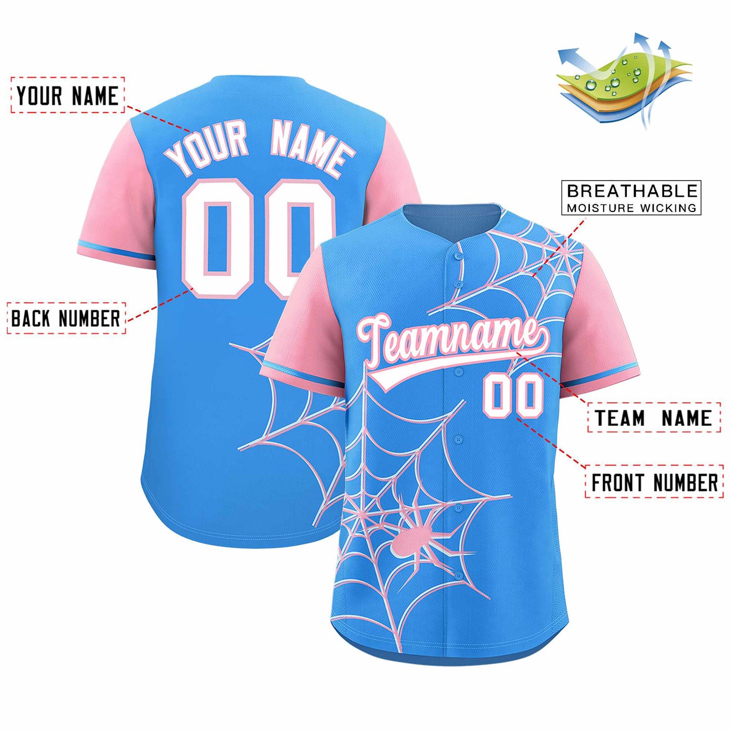 Custom Powder Blue Light Pink Spider Web Pattern Raglan Sleeves Authentic Baseball Jersey