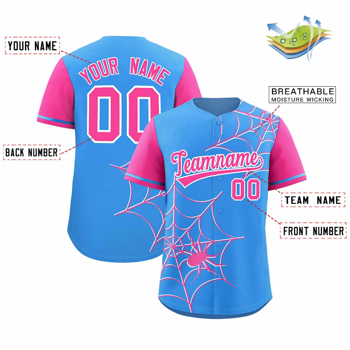 Custom Powder Blue Pink Spider Web Pattern Raglan Sleeves Authentic Baseball Jersey