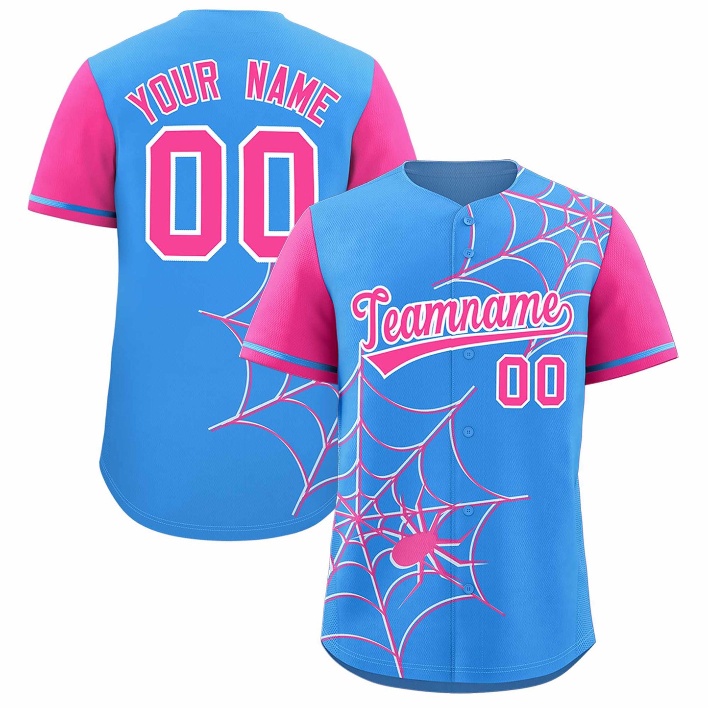 Custom Powder Blue Pink Spider Web Pattern Raglan Sleeves Authentic Baseball Jersey