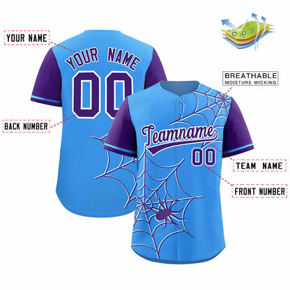 Custom Powder Blue Purple Spider Web Pattern Raglan Sleeves Authentic Baseball Jersey