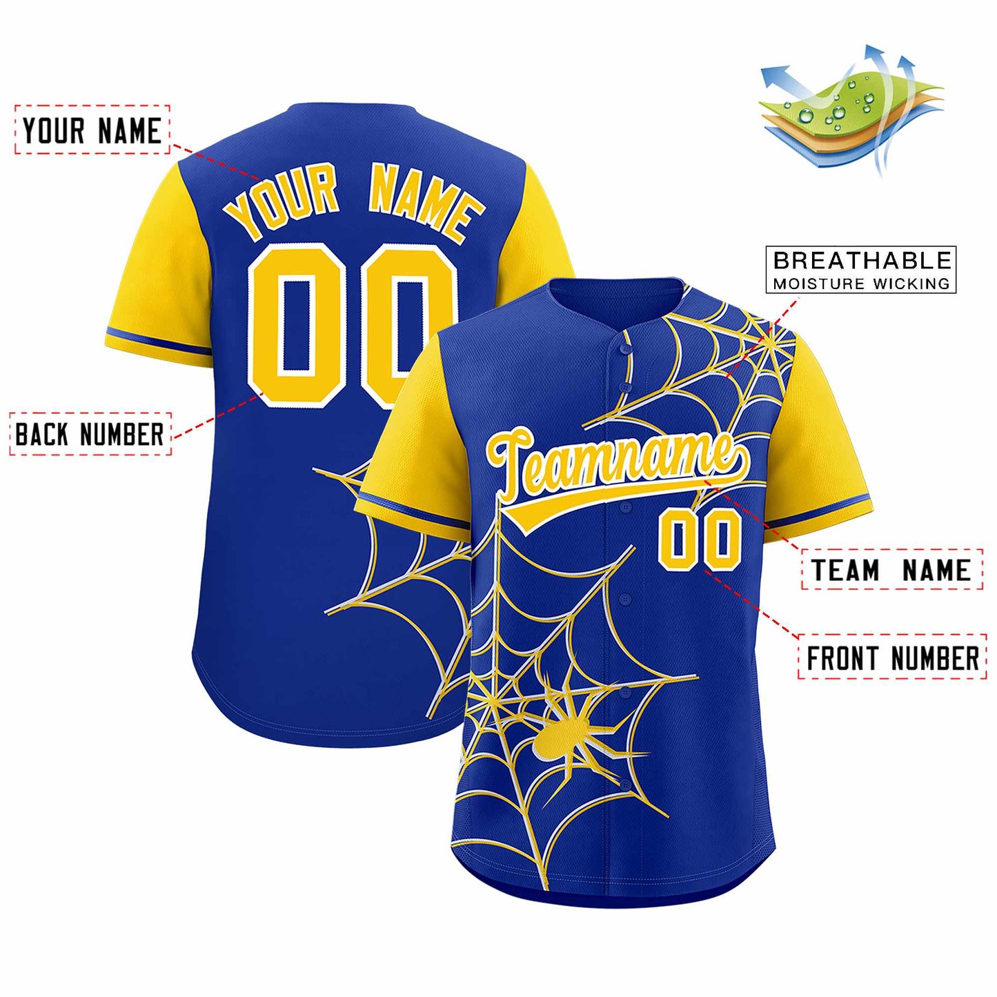 Custom Royal Gold Spider Web Pattern Raglan Sleeves Authentic Baseball Jersey