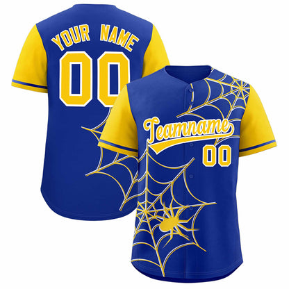 Custom Royal Gold Spider Web Pattern Raglan Sleeves Authentic Baseball Jersey