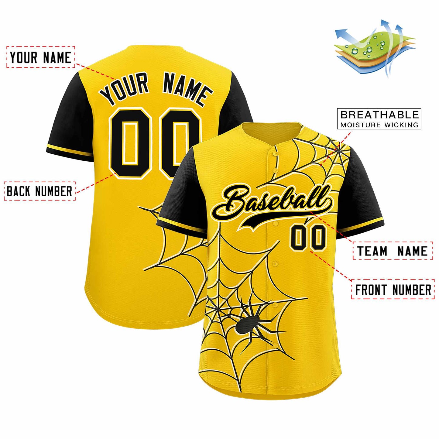 Custom Gold Black Spider Web Pattern Raglan Sleeves Authentic Baseball Jersey