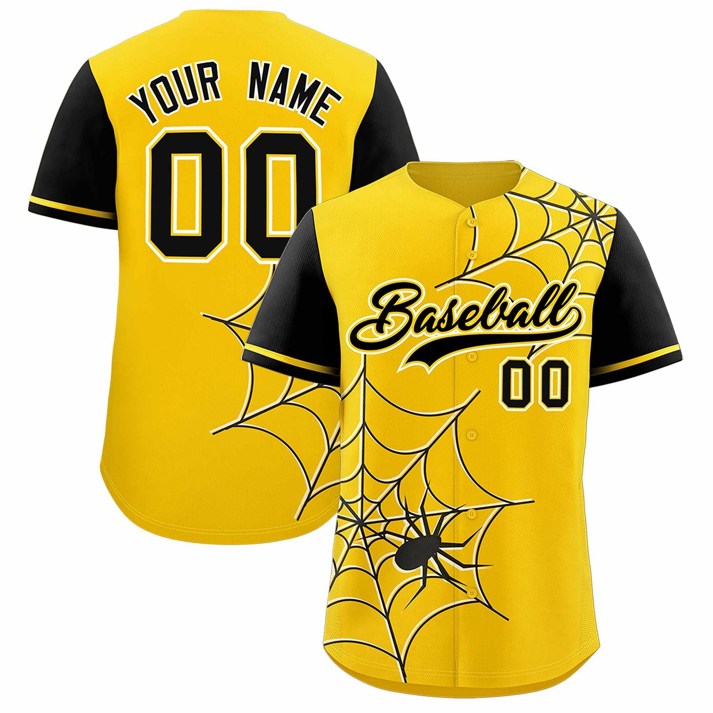 Custom Gold Black Spider Web Pattern Raglan Sleeves Authentic Baseball Jersey