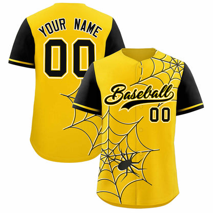 Custom Gold Black Spider Web Pattern Raglan Sleeves Authentic Baseball Jersey