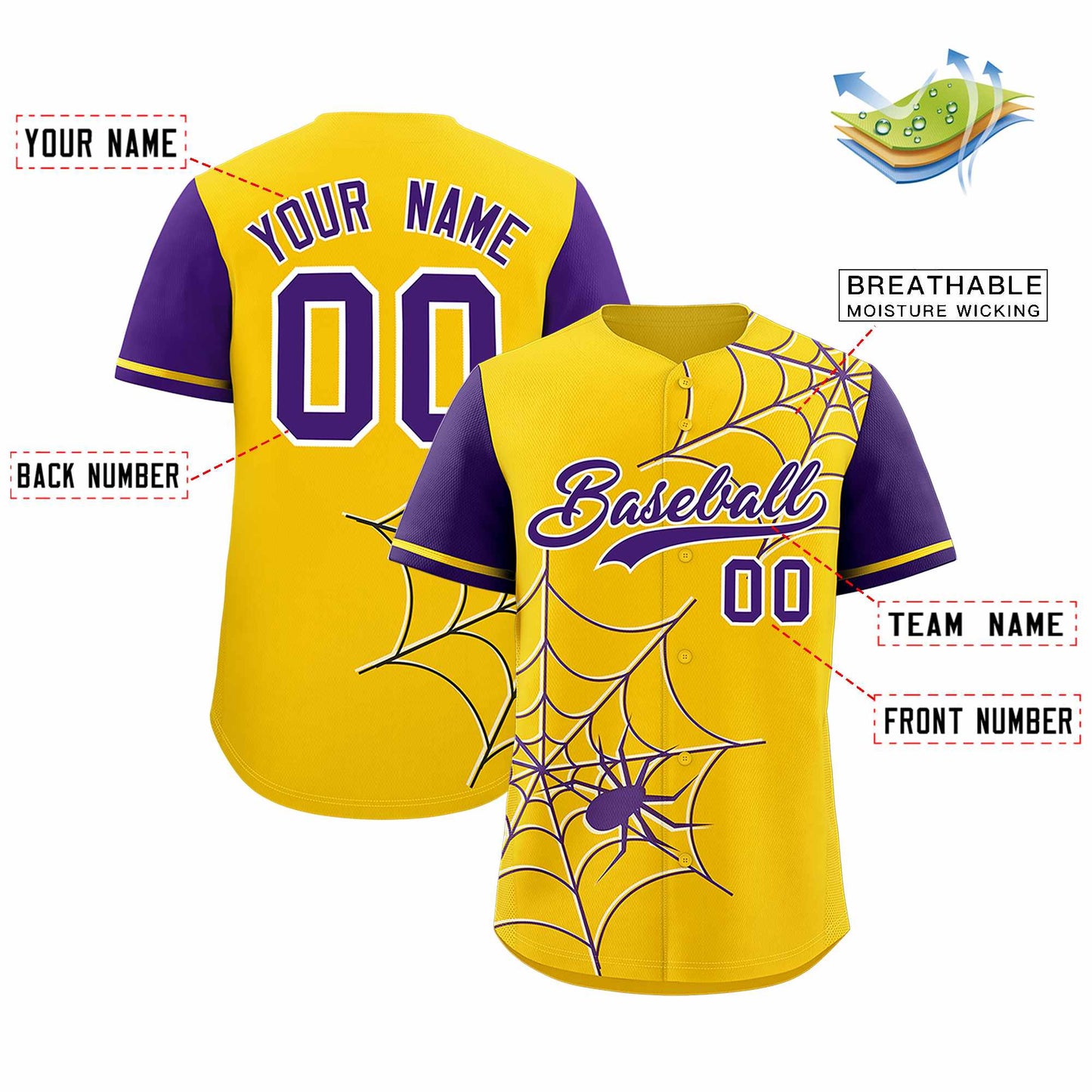 Custom Gold Purple Spider Web Pattern Raglan Sleeves Authentic Baseball Jersey