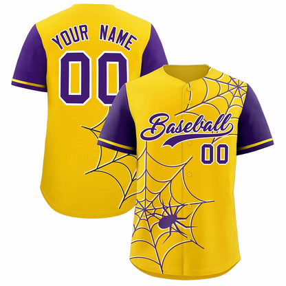 Custom Gold Purple Spider Web Pattern Raglan Sleeves Authentic Baseball Jersey