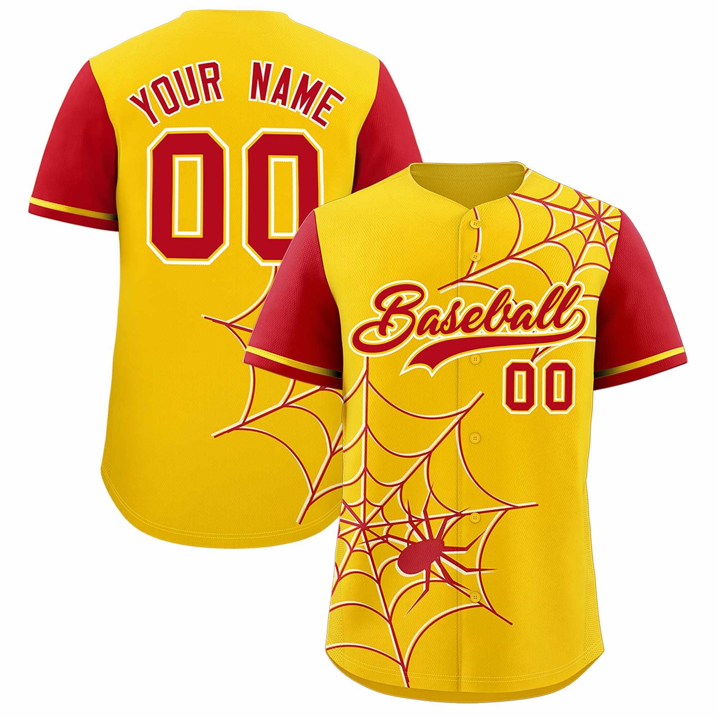 Custom Gold Red Spider Web Pattern Raglan Sleeves Authentic Baseball Jersey