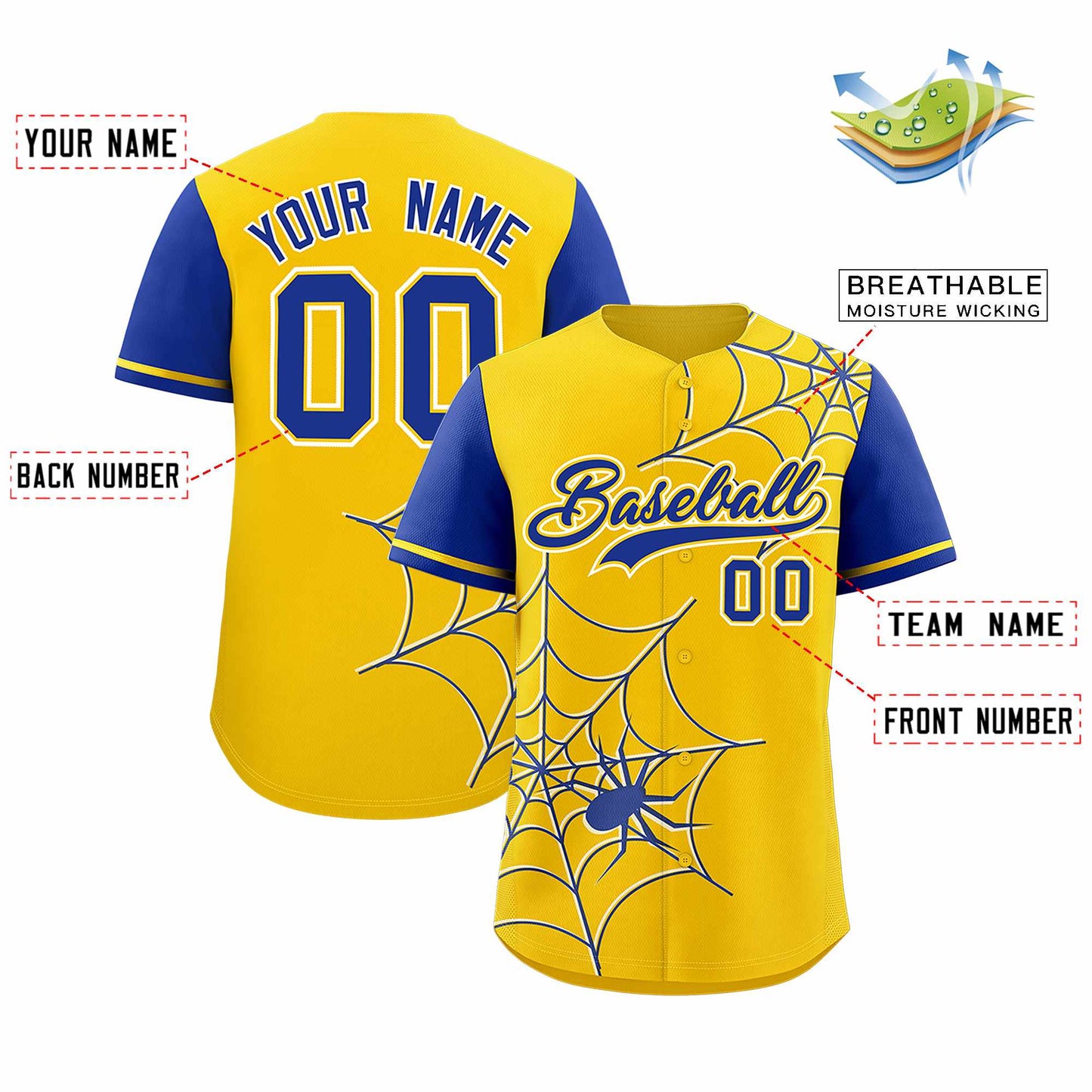 Custom Gold Royal Spider Web Pattern Raglan Sleeves Authentic Baseball Jersey