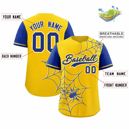 Custom Gold Royal Spider Web Pattern Raglan Sleeves Authentic Baseball Jersey