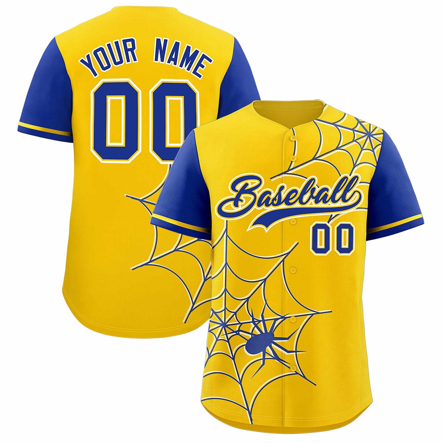 Custom Gold Royal Spider Web Pattern Raglan Sleeves Authentic Baseball Jersey