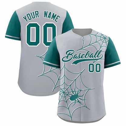 Custom Gray Aqua Spider Web Pattern Raglan Sleeves Authentic Baseball Jersey