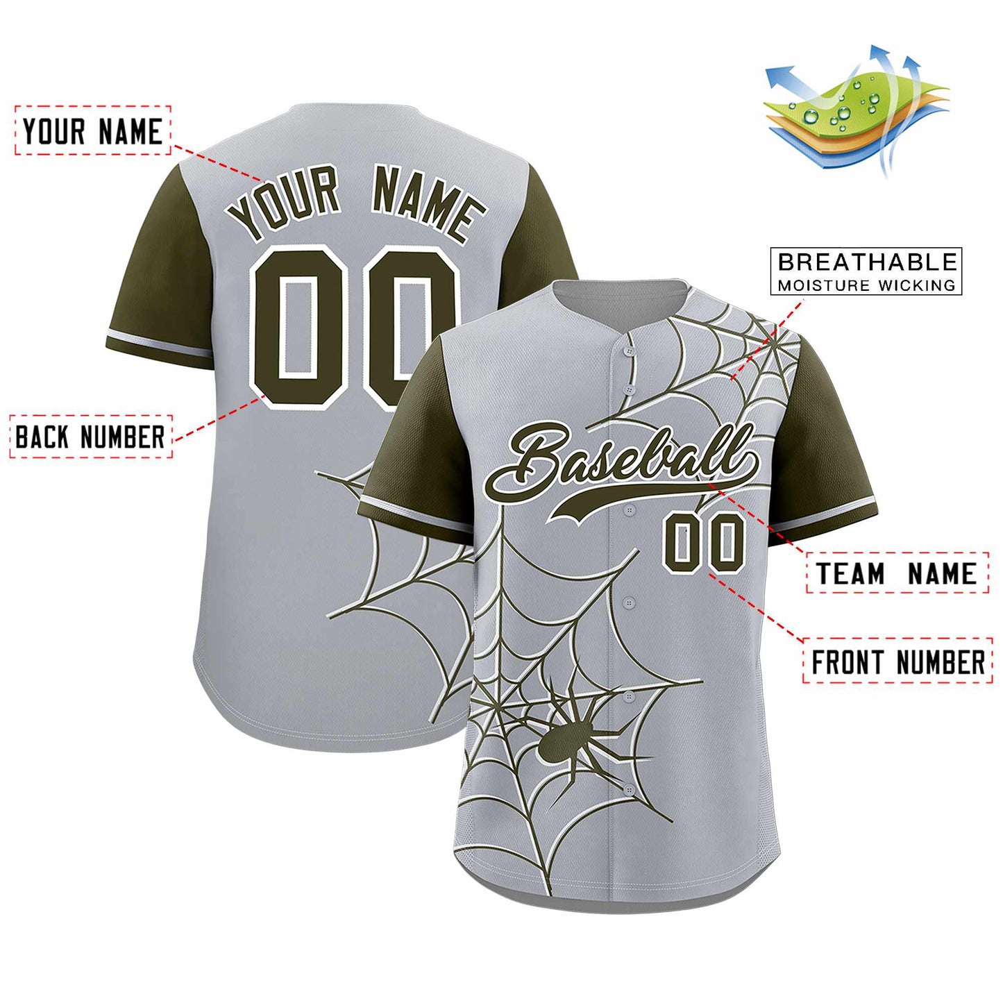 Custom Gray Olive Spider Web Pattern Raglan Sleeves Authentic Baseball Jersey