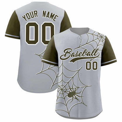 Custom Gray Olive Spider Web Pattern Raglan Sleeves Authentic Baseball Jersey