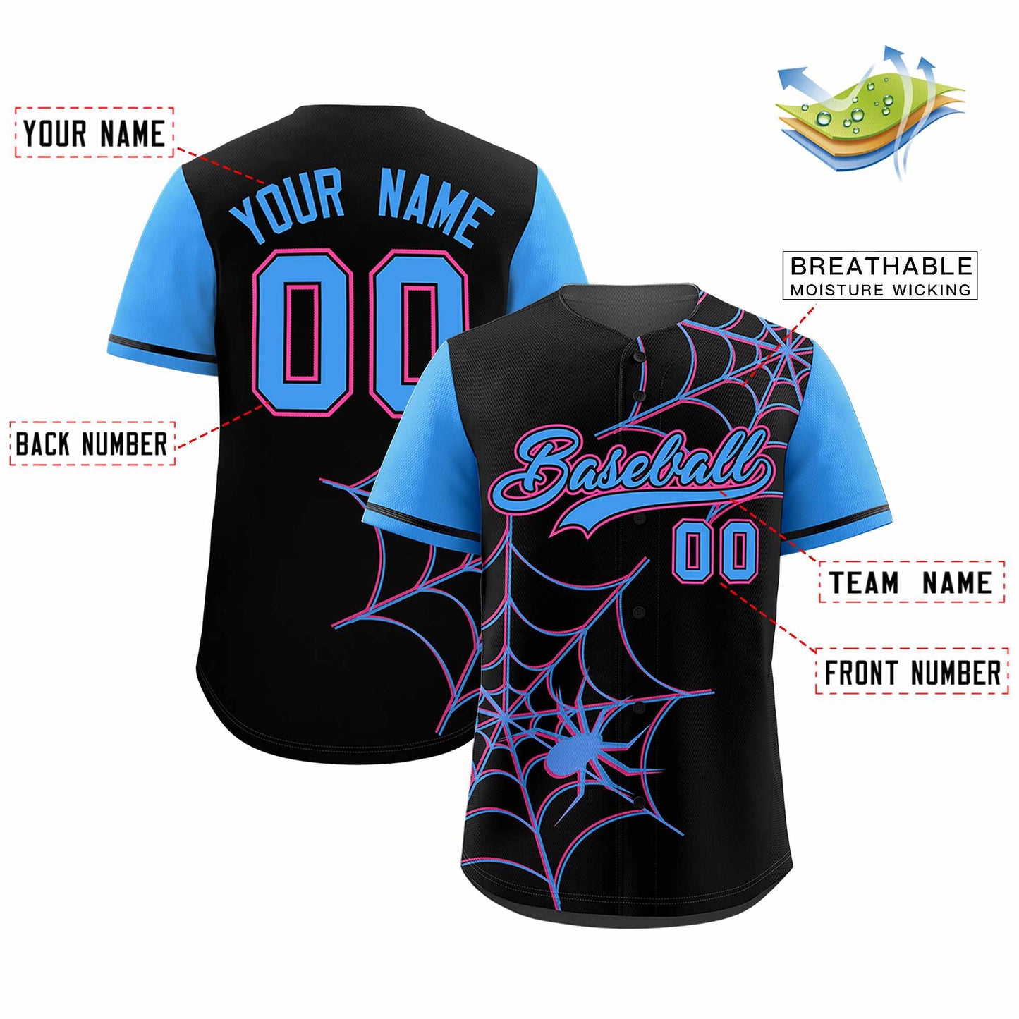 Custom Black Powder Blue Spider Web Pattern Raglan Sleeves Authentic Baseball Jersey