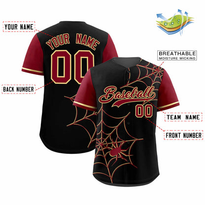 Custom Black Crimson Spider Web Pattern Raglan Sleeves Authentic Baseball Jersey