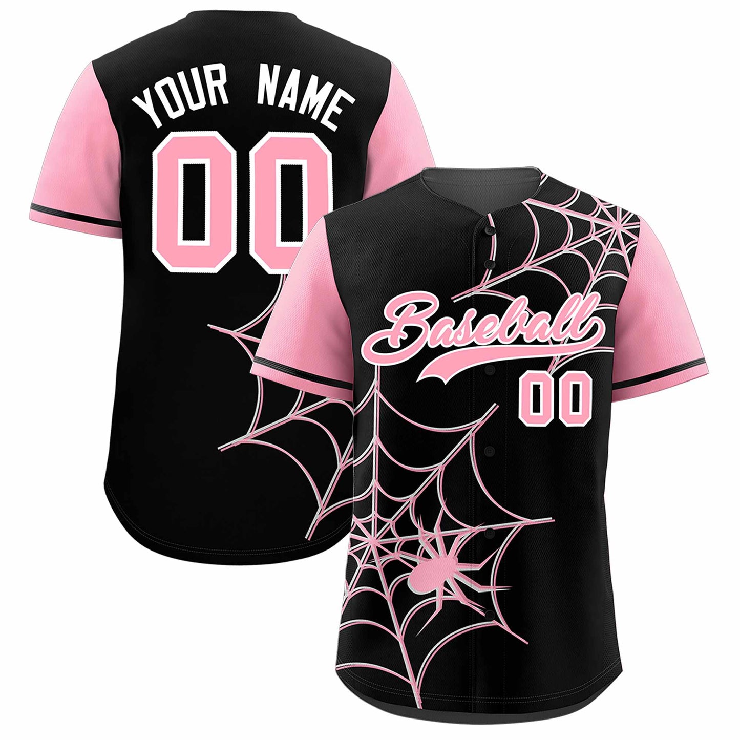 Custom Black Light Pink Spider Web Pattern Raglan Sleeves Authentic Baseball Jersey