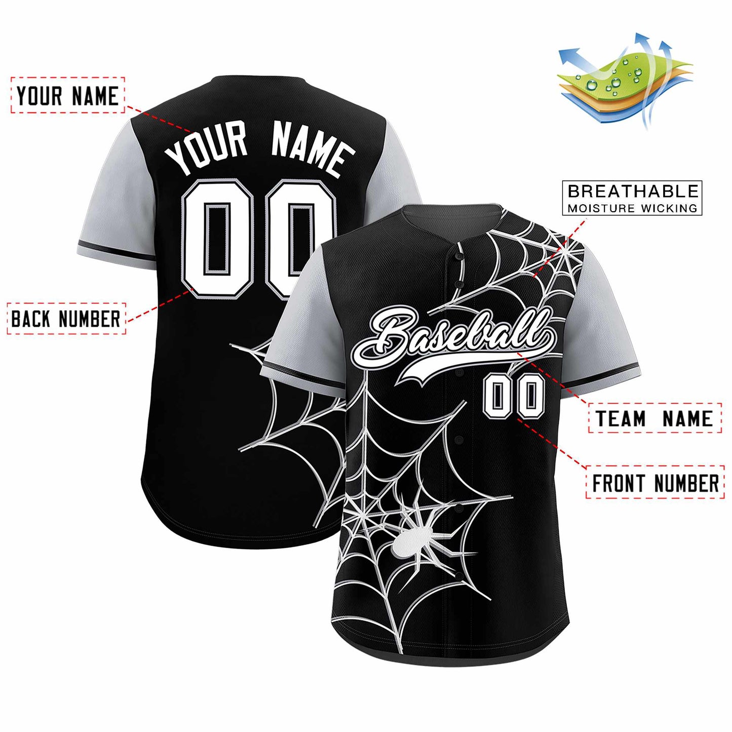 Custom Black Gray Spider Web Pattern Raglan Sleeves Authentic Baseball Jersey