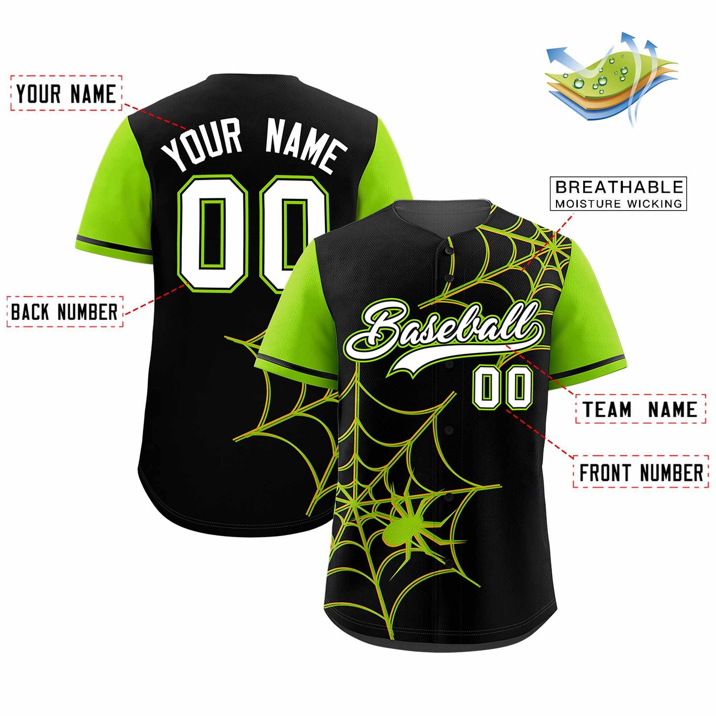 Custom Black Neon Green Spider Web Pattern Raglan Sleeves Authentic Baseball Jersey