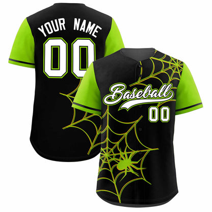 Custom Black Neon Green Spider Web Pattern Raglan Sleeves Authentic Baseball Jersey