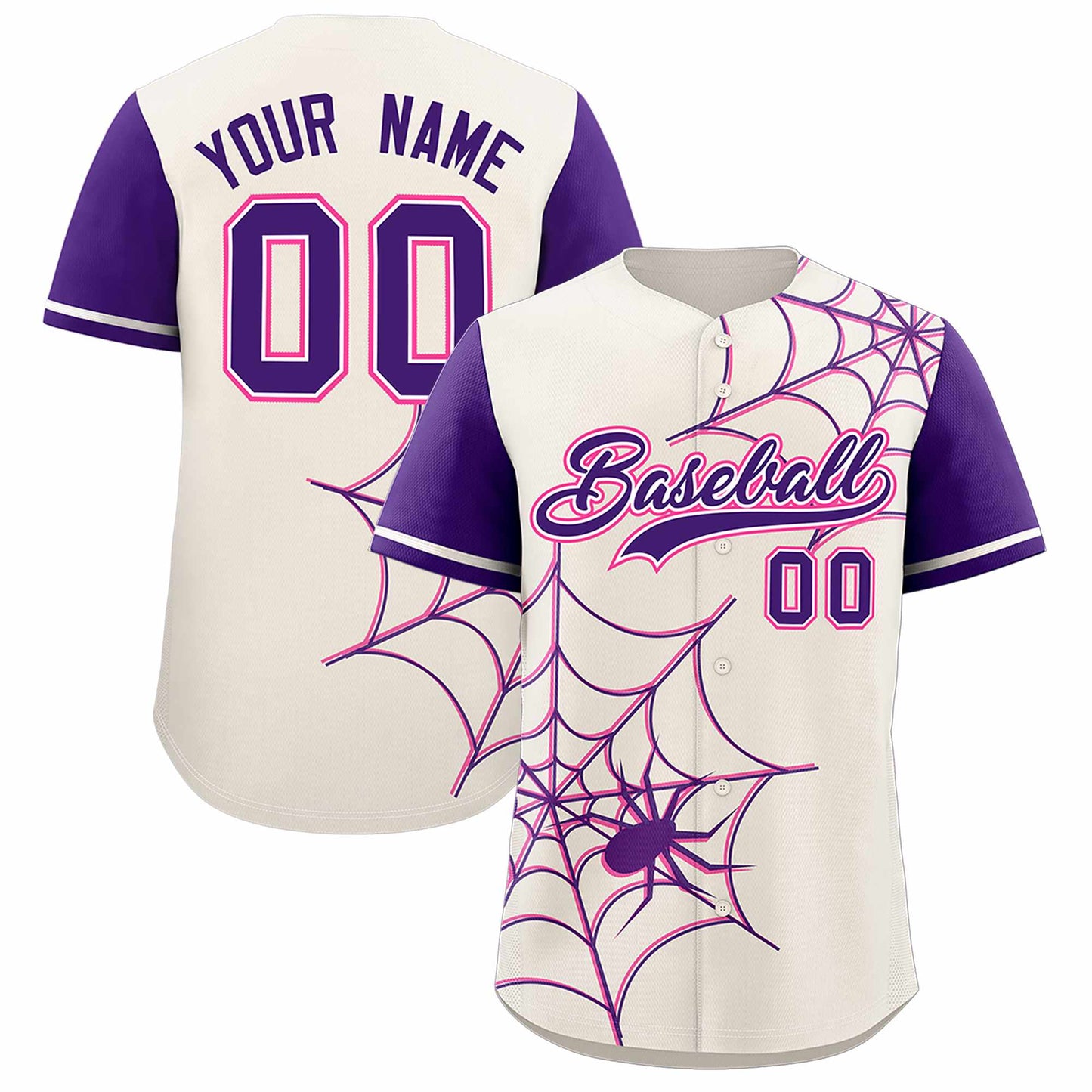 Custom Cream Purple Spider Web Pattern Raglan Sleeves Authentic Baseball Jersey