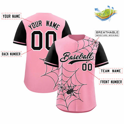 Custom Light Pink Black Spider Web Pattern Raglan Sleeves Authentic Baseball Jersey