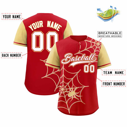 Custom Red Khaki Spider Web Pattern Raglan Sleeves Authentic Baseball Jersey