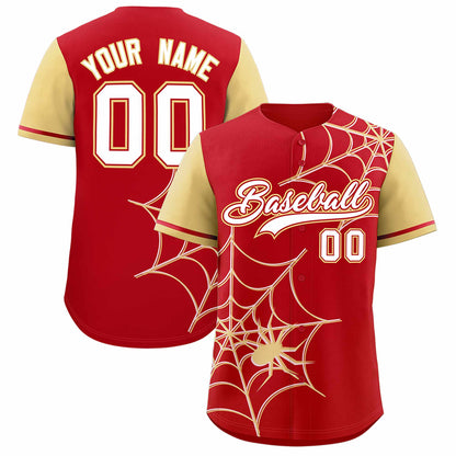 Custom Red Khaki Spider Web Pattern Raglan Sleeves Authentic Baseball Jersey