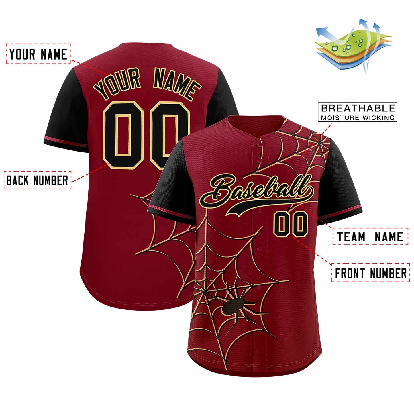 Custom Crimson Black Spider Web Pattern Raglan Sleeves Authentic Baseball Jersey