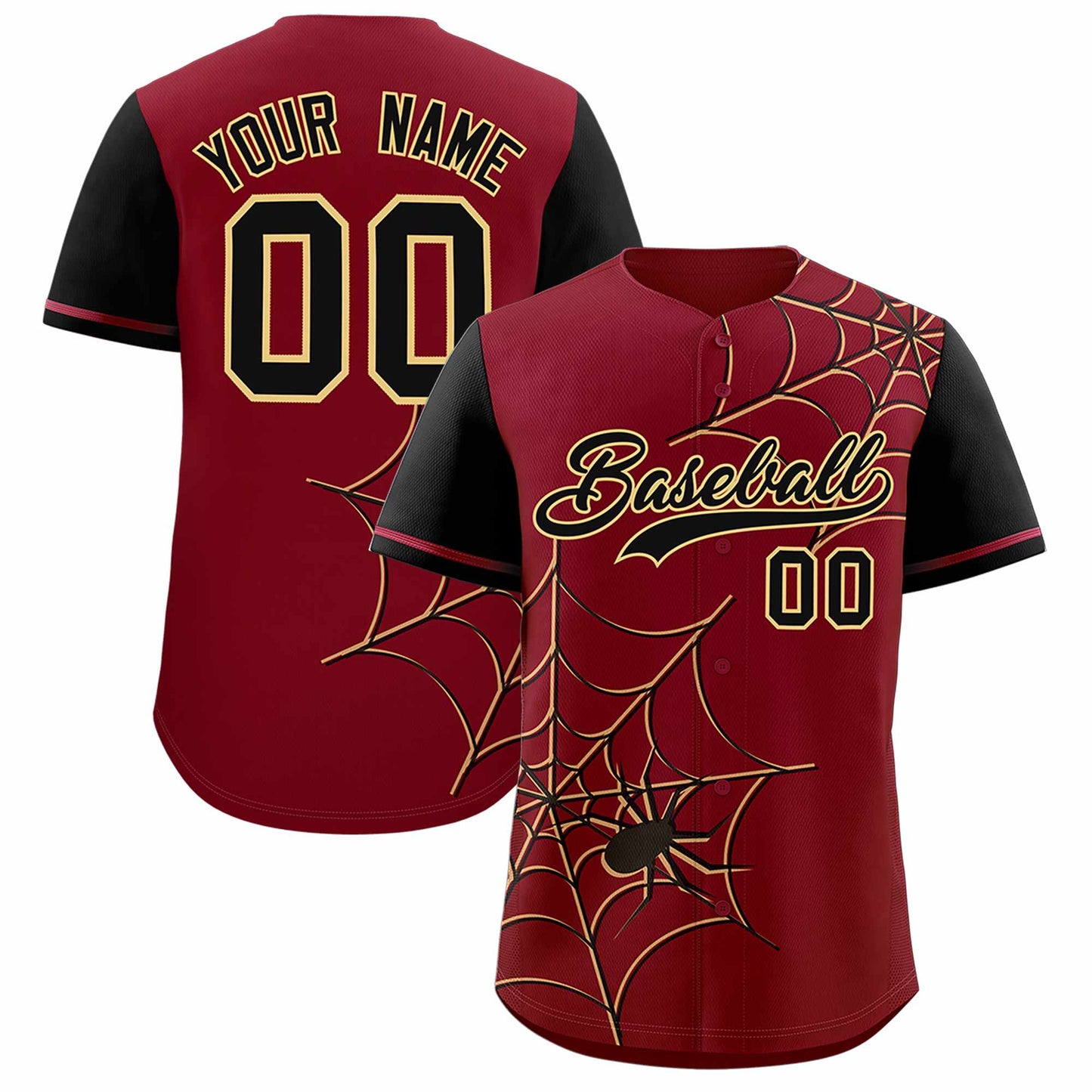 Custom Crimson Black Spider Web Pattern Raglan Sleeves Authentic Baseball Jersey