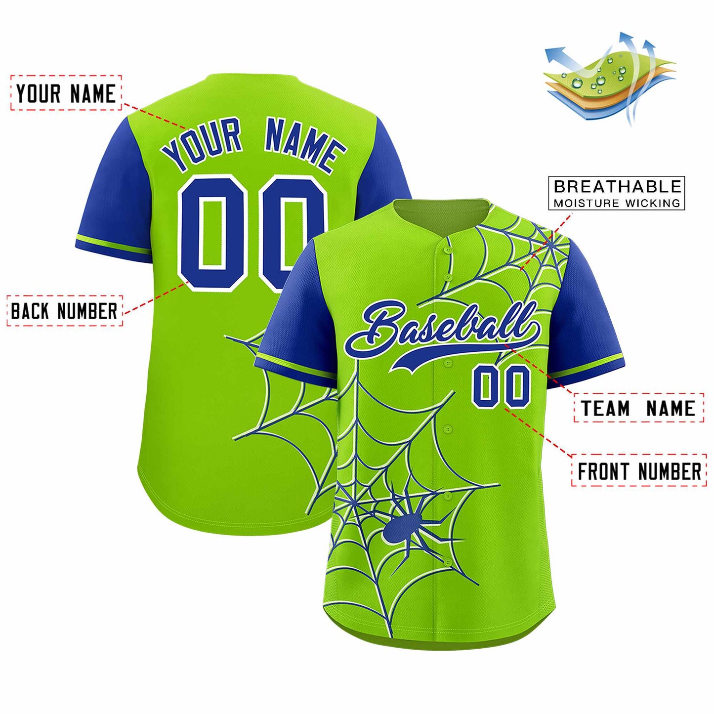 Custom Neon Green Royal Spider Web Pattern Raglan Sleeves Authentic Baseball Jersey