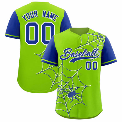 Custom Neon Green Royal Spider Web Pattern Raglan Sleeves Authentic Baseball Jersey