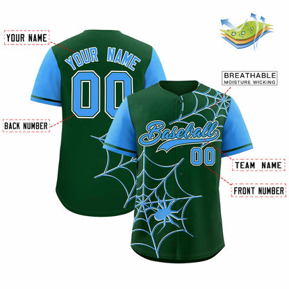 Custom Green Powder Blue Spider Web Pattern Raglan Sleeves Authentic Baseball Jersey