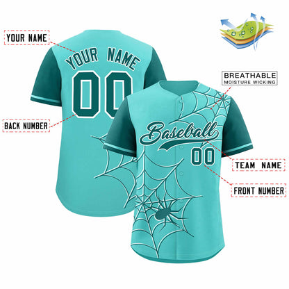 Custom Bright Green Aqua Spider Web Pattern Raglan Sleeves Authentic Baseball Jersey