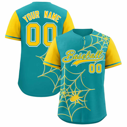 Custom Aqua Gold Spider Web Pattern Raglan Sleeves Authentic Baseball Jersey