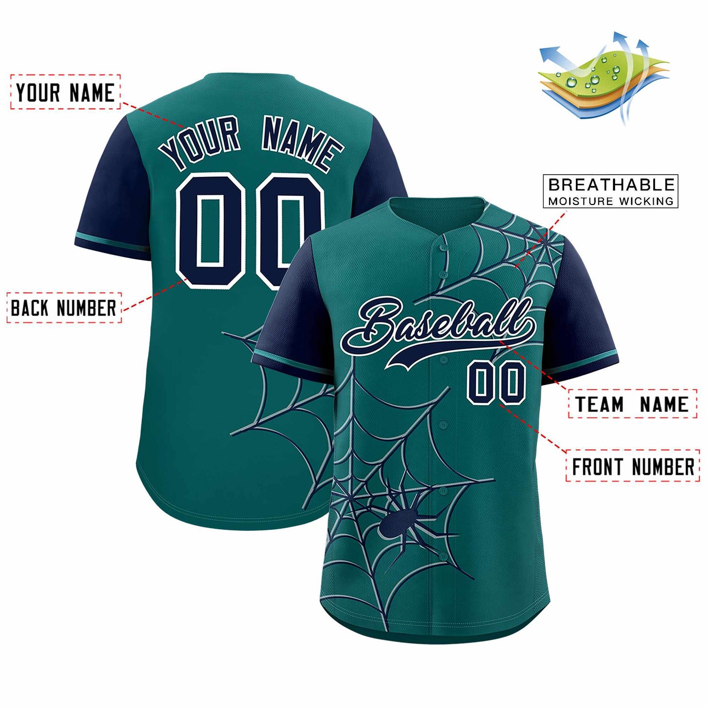 Custom Aqua Navy Spider Web Pattern Raglan Sleeves Authentic Baseball Jersey