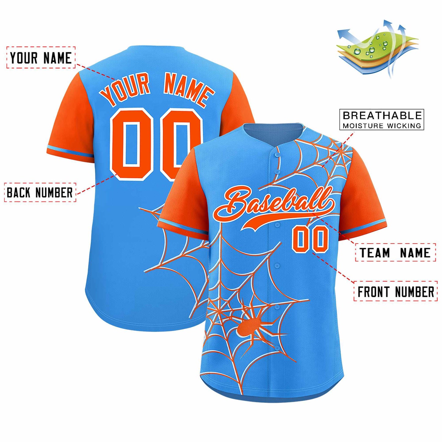 Custom Powder Blue Orange Spider Web Pattern Raglan Sleeves Authentic Baseball Jersey