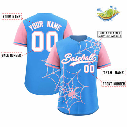 Custom Powder Blue Light Pink Spider Web Pattern Raglan Sleeves Authentic Baseball Jersey