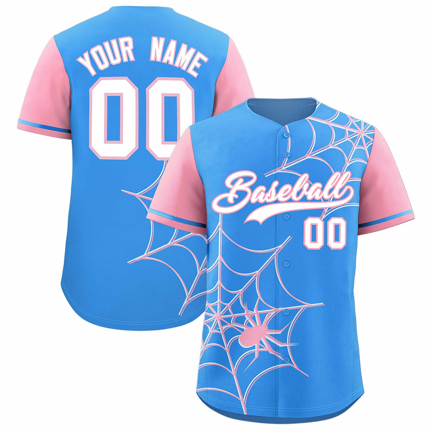 Custom Powder Blue Light Pink Spider Web Pattern Raglan Sleeves Authentic Baseball Jersey