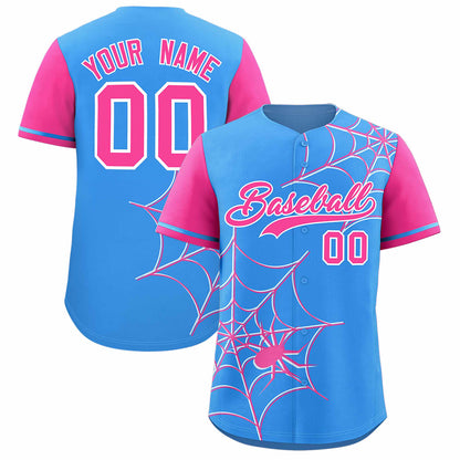 Custom Powder Blue Pink Spider Web Pattern Raglan Sleeves Authentic Baseball Jersey