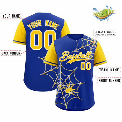 Custom Royal Gold Spider Web Pattern Raglan Sleeves Authentic Baseball Jersey