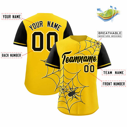 Custom Gold Black Spider Web Pattern Raglan Sleeves Authentic Baseball Jersey